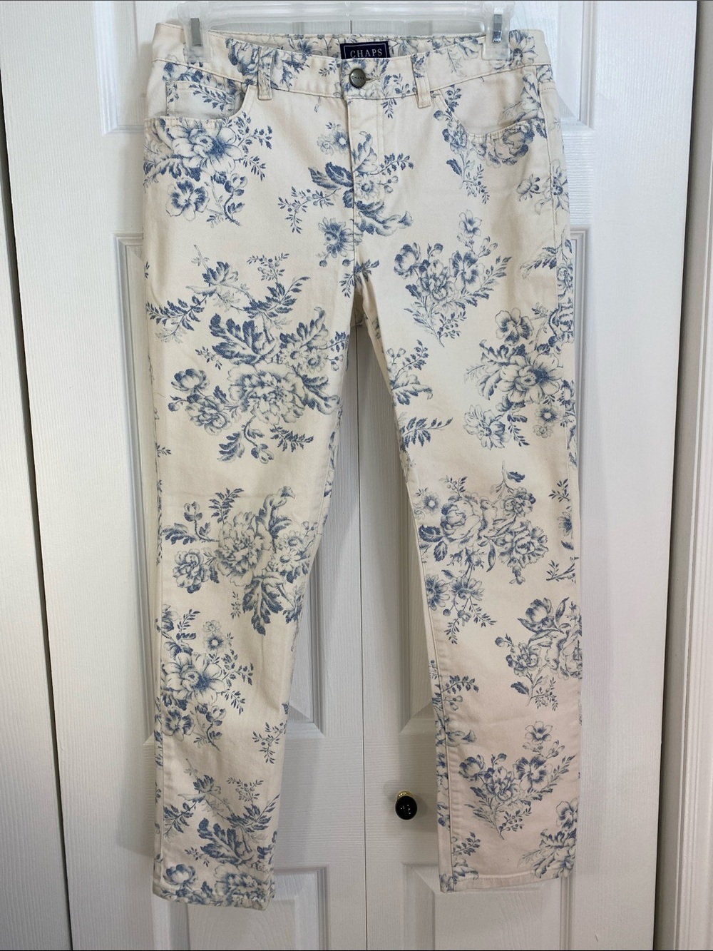 Chaps Denim Cream Jeans with Blue Floral Print, 10